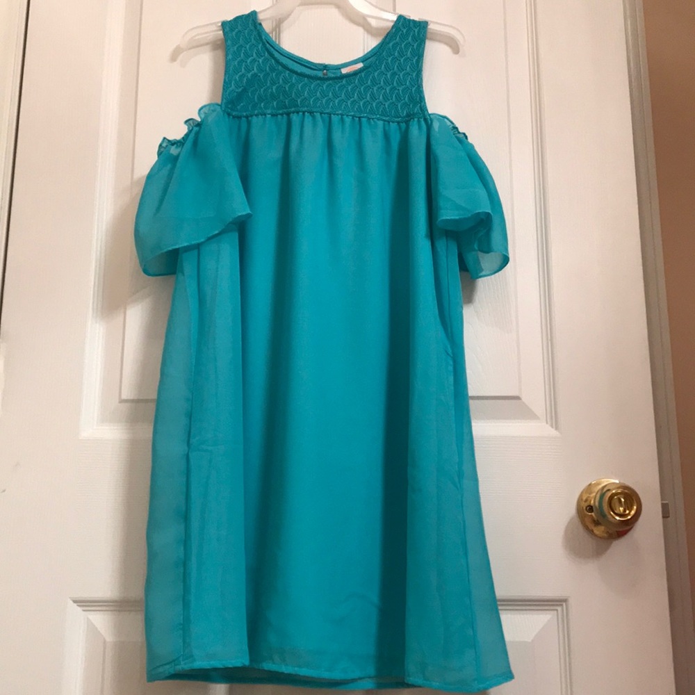 Teal color dress with off the shoulder sleeves